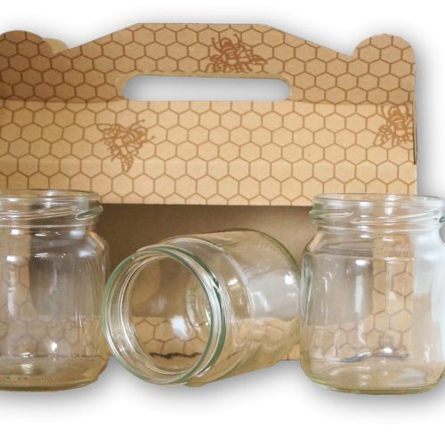 Papír méhsejtmintás füles, ablakos díszdoboz 3 x 220 g üveghez
