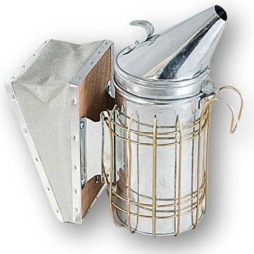Méhész füstölő kúpos galvanizált, nagy méret, bőr fújtatóval, hőelvezető ráccsal